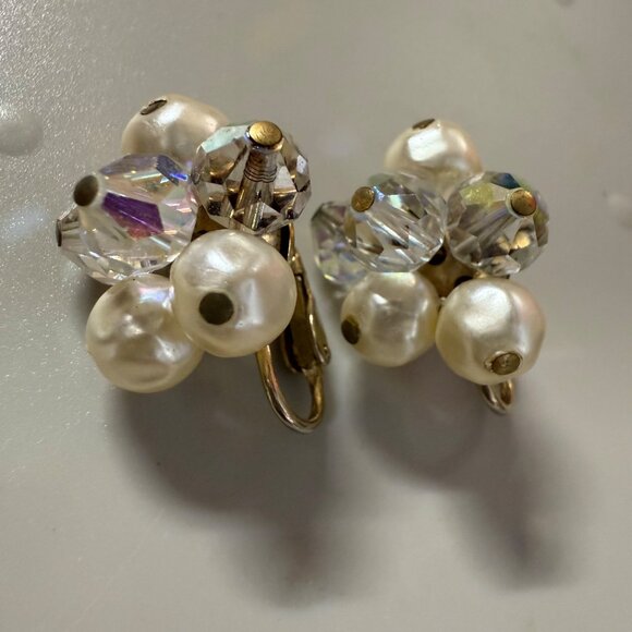 Vintage Faux Pearl & Crystal Beaded Cluster Clip-On Earrings Women MCM - Picture 14 of 16